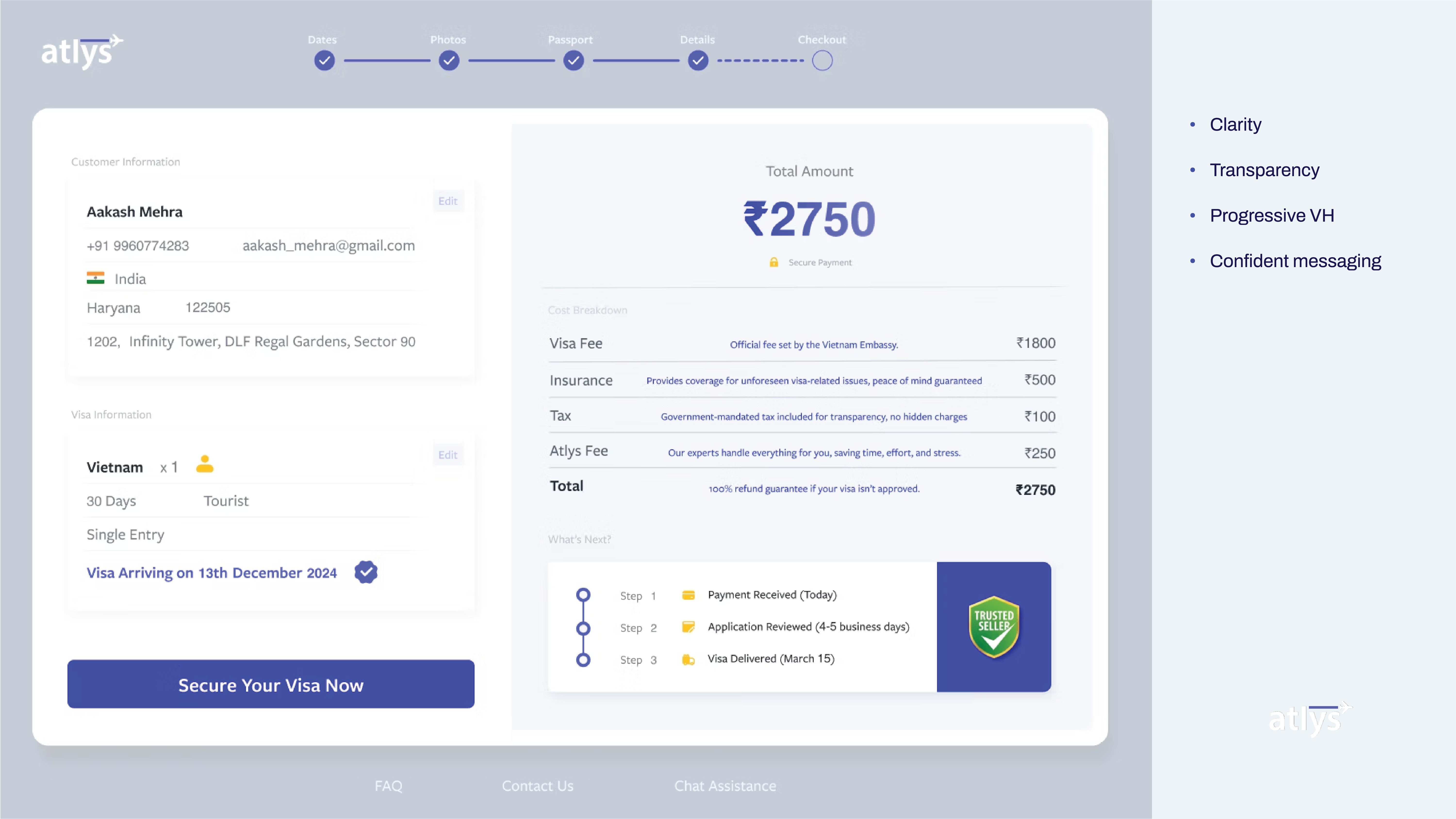 Redesigned desktop checkout — clarity, transparency, progressive visual hierarchy, confident messaging
