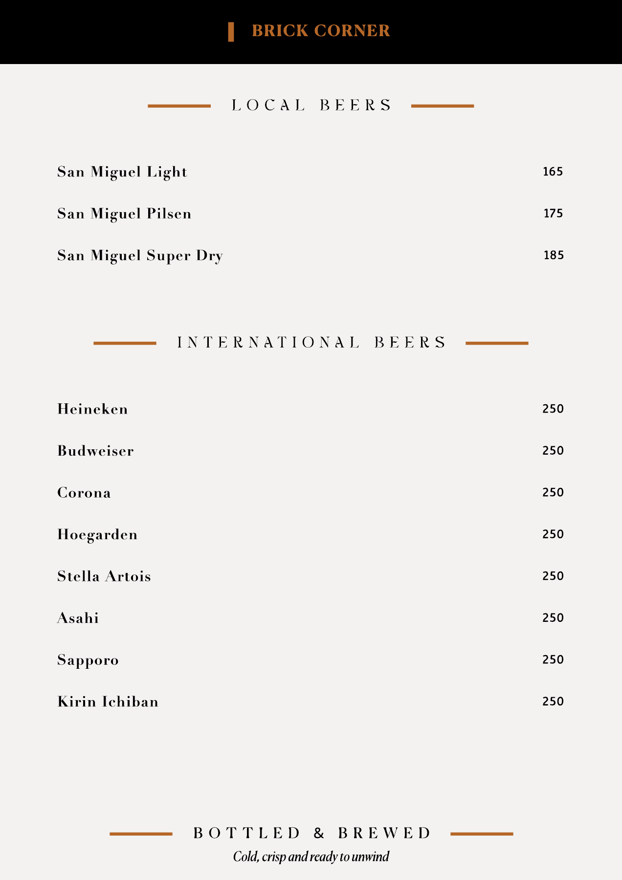 Drinks menu — local and international beers.