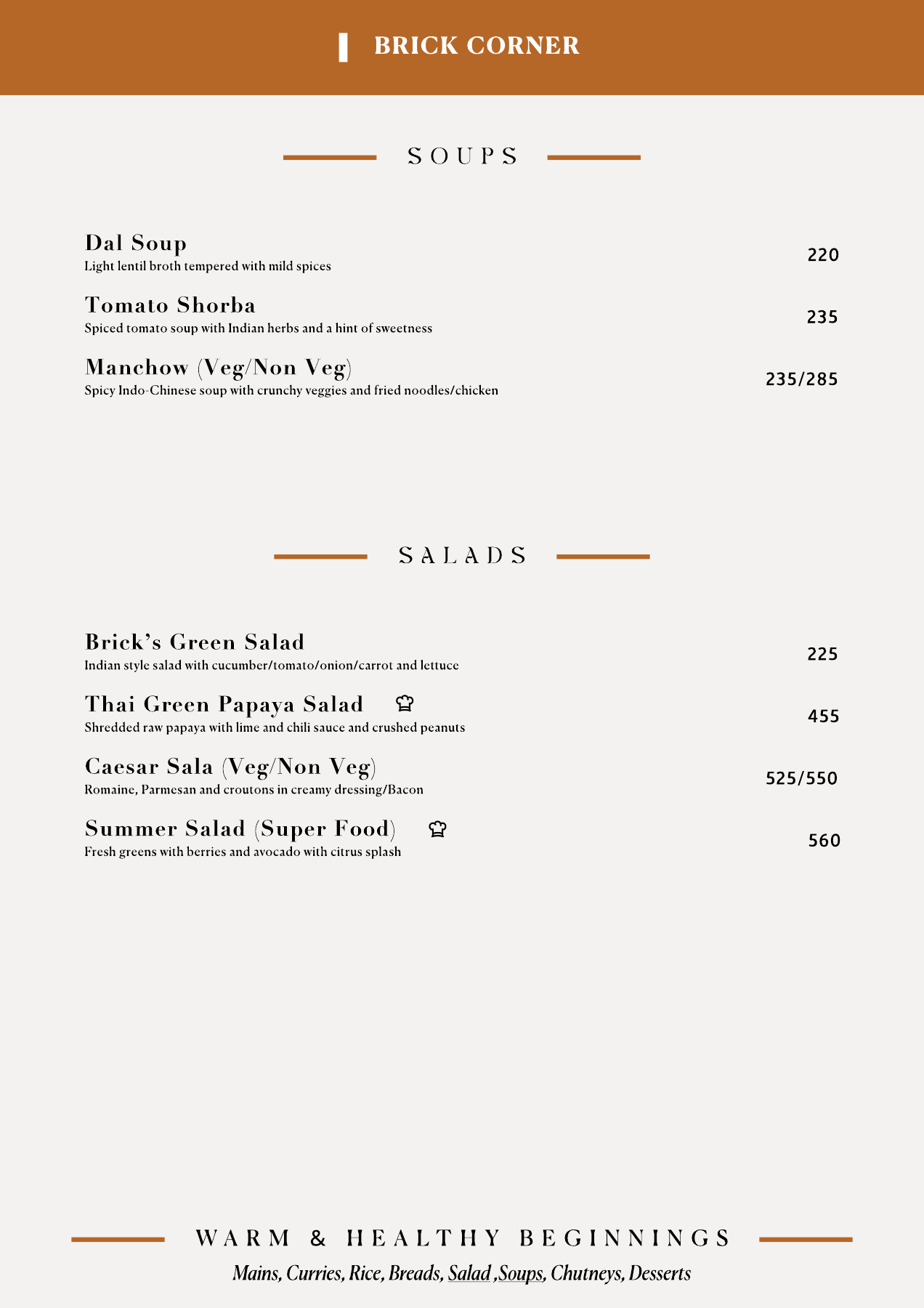 Food menu — soups and salads.