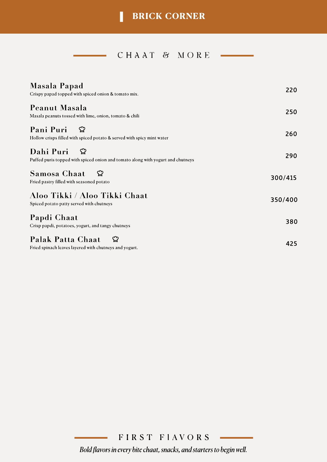 Food menu — chaat and more.