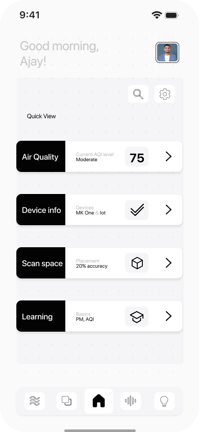 Home dashboard — all critical data surfaced in one view