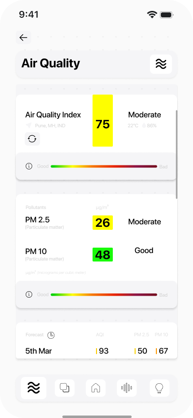 Air Quality screen — AQI index, pollutant breakdown, and historical data
