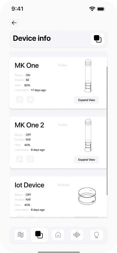 Device management — status overview for all connected purifiers