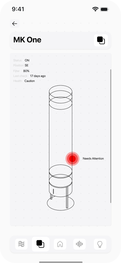 MK One detail view — component-level health diagnostics with visual indicators
